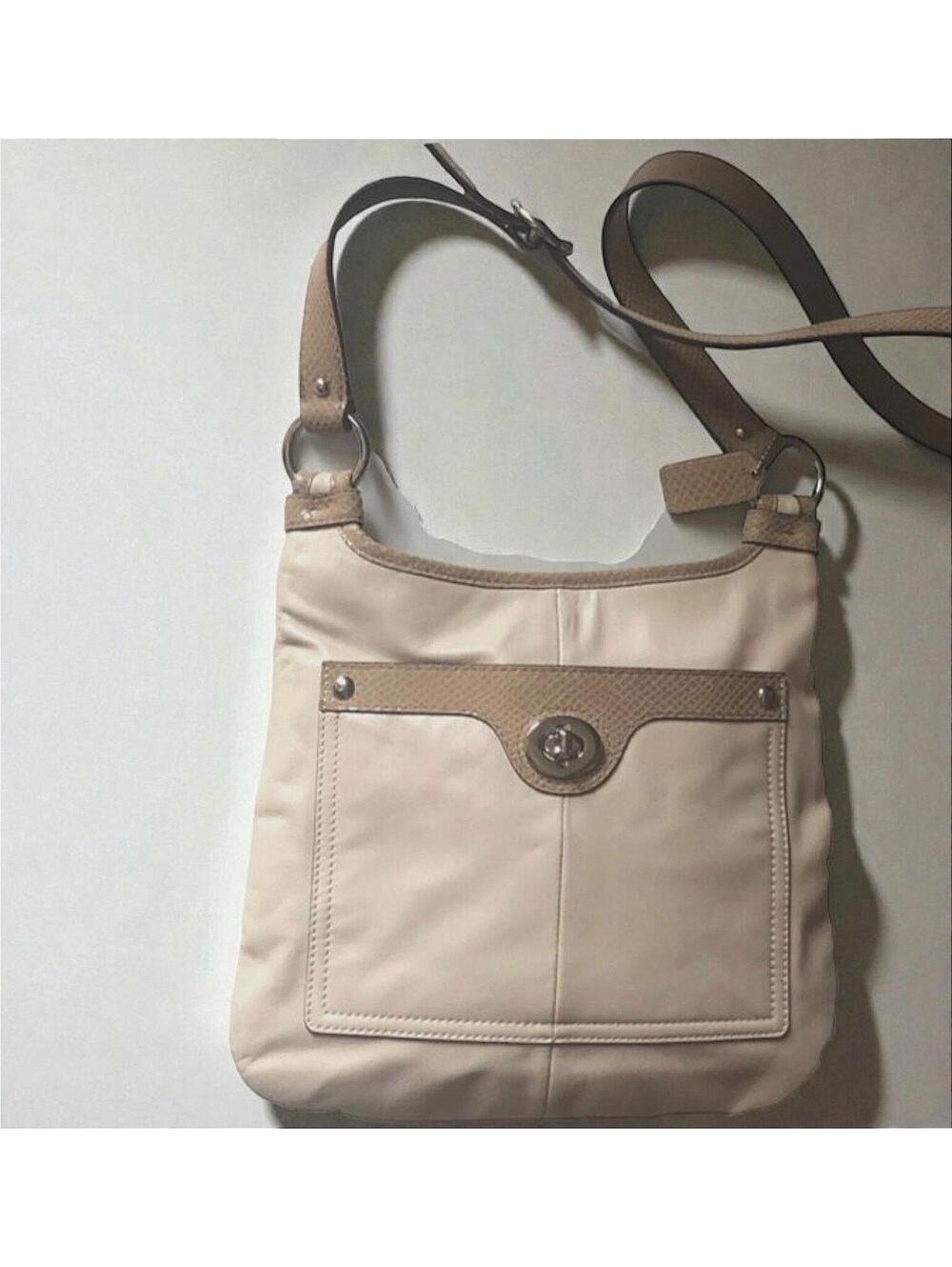 Coach Penelope Crossbody Bag Ivory Leather Brown Snakeskin Trim Turnlock Purse